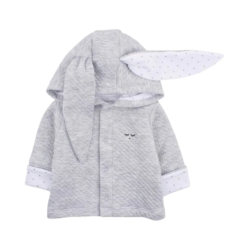 A front view of the grey Livly Bunny Cardigan with button details.