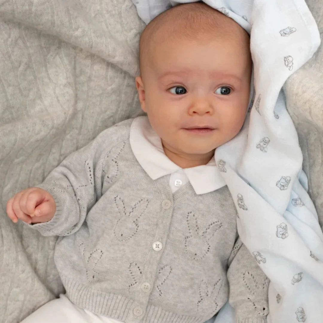A little one wearing the grey Livly bunny cardigan for a classic, sophisticated boutique look.