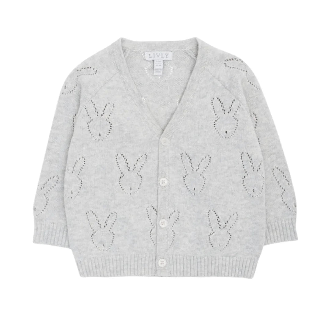 A front view of the elegant grey Livly bunny cardigan.