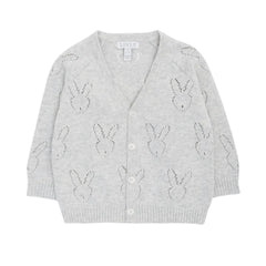A front view of the elegant grey Livly bunny cardigan.