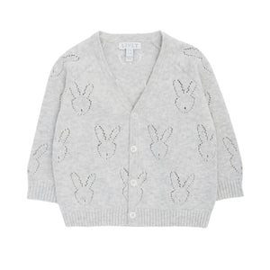 A front view of the elegant grey Livly bunny cardigan.