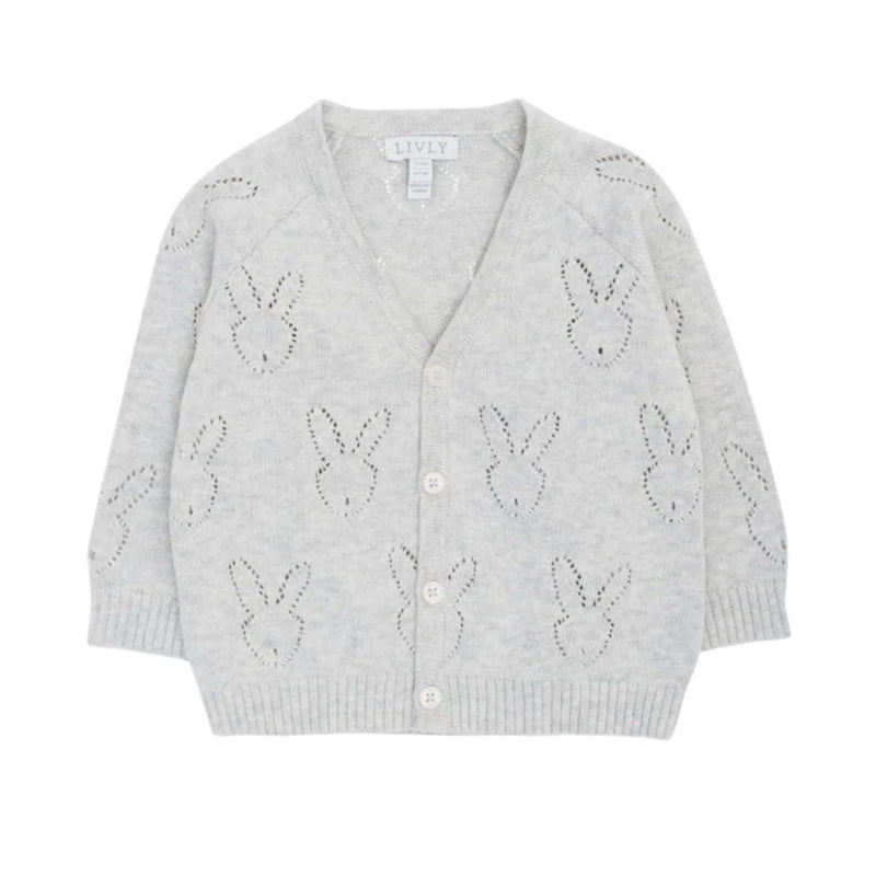 A front view of the elegant grey Livly bunny cardigan.