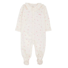 A front view of the elegant rose garden ruffled collar footie by Livly.