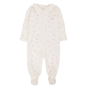 A front view of the elegant rose garden ruffled collar footie by Livly.