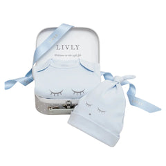 A flat-lay view of the Livly Sleeping Cutie mini kit in blue.