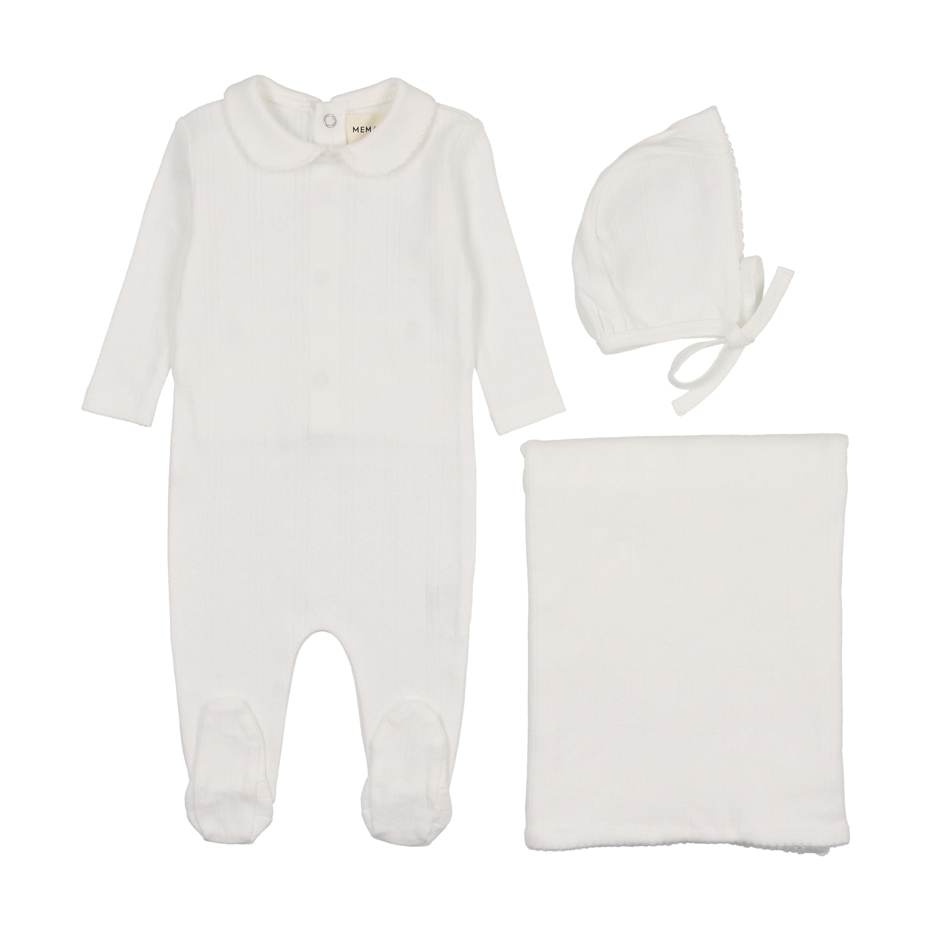 Mema Knits White Pointelle 3 Pc Layette Set