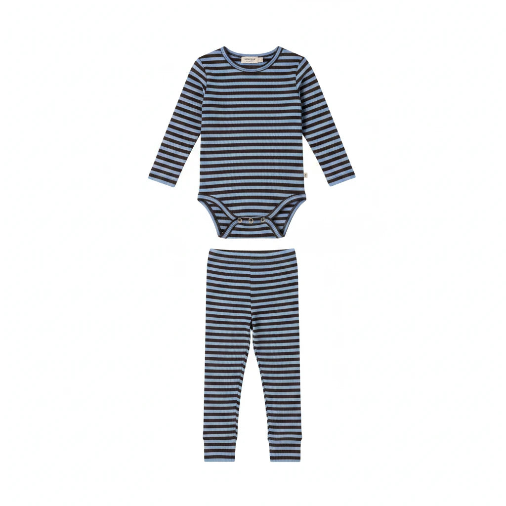 A front view of the MarMar Copenhagen Blue Heaven stripe baby body and legging set.