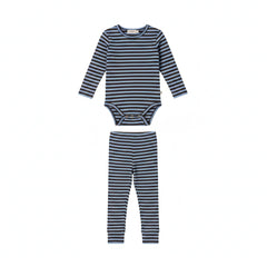 A front view of the MarMar Copenhagen Blue Heaven stripe baby body and legging set.