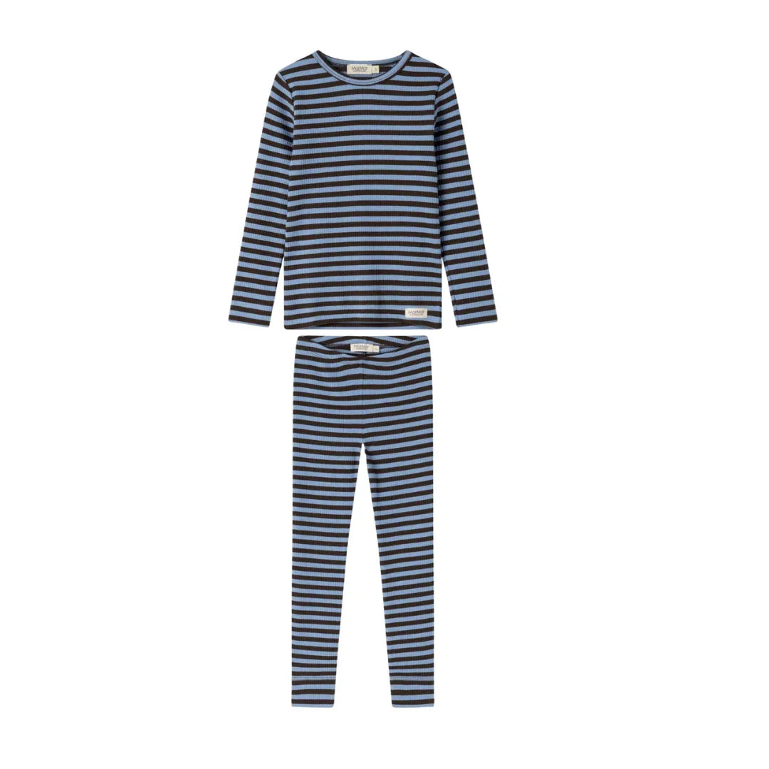 front view of the MarMar Copenhagen Blue Heaven stripe baby legging set.