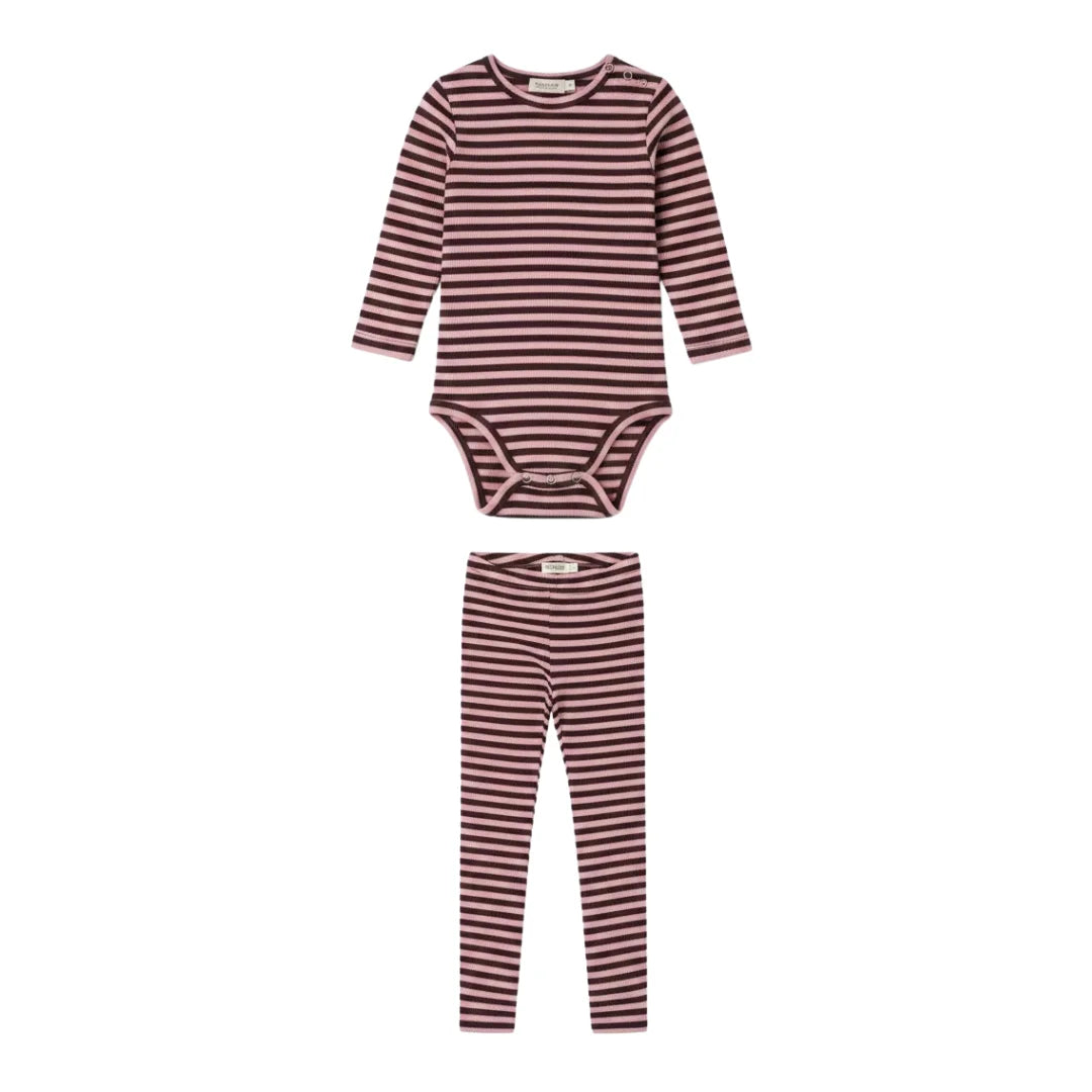 front view of the MarMar Copenhagen heather stripe baby body and legging set.