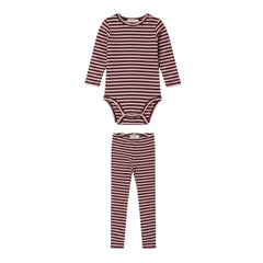 front view of the MarMar Copenhagen heather stripe baby body and legging set.