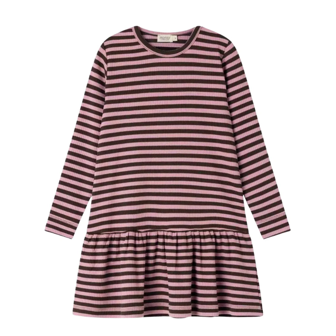 front view of the MarMar Copenhagen heather stripe baby and toddler Diro dress.