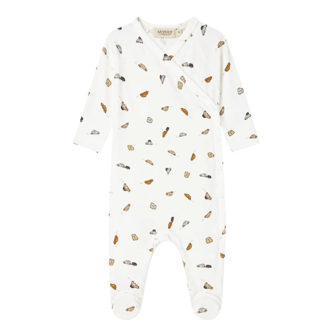 front view of the MarMar Copenhagen Cars print Rubello baby footie.