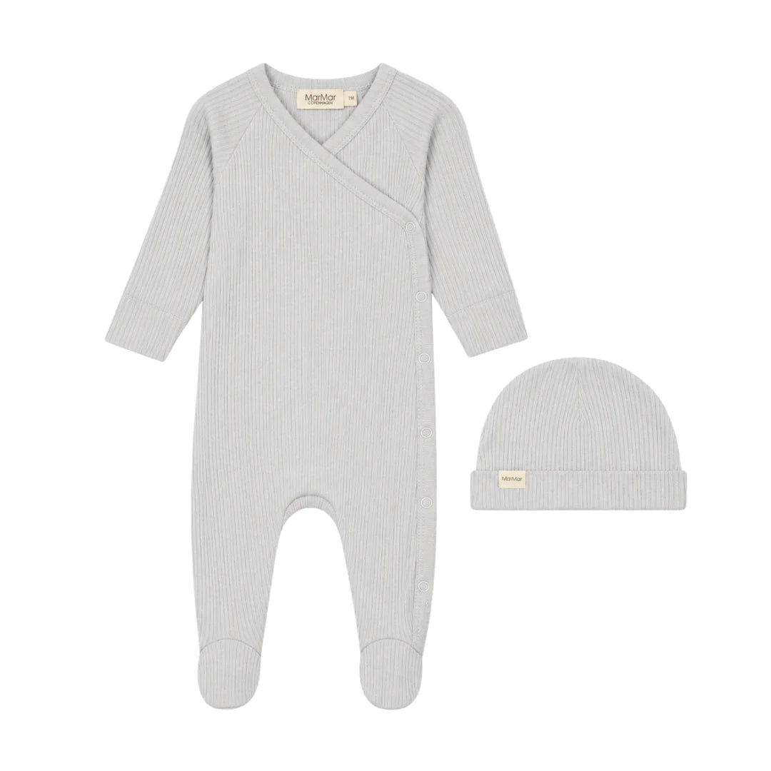 front view of the MarMar Copenhagen Blue Haze Rubello footie and hat set.