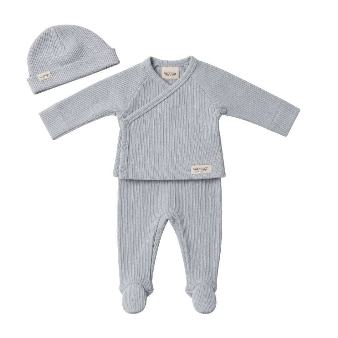 front view of the MarMar Copenhagen Blue Haze Tuti kimono wrap set and hat.