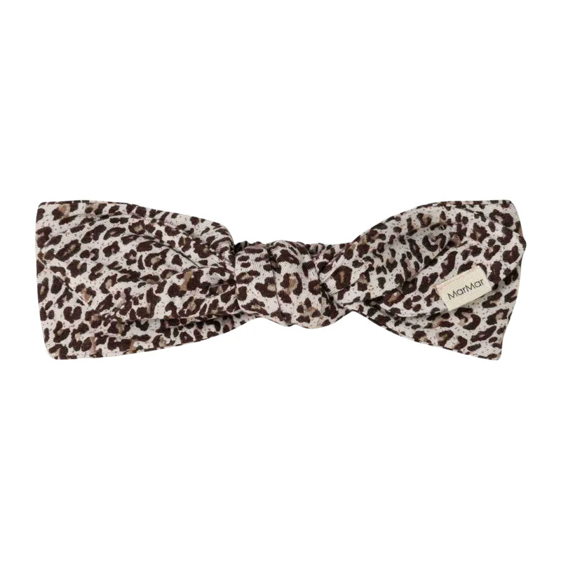 A front view of the MarMar Copenhagen dark brown leo animal print kids headband.