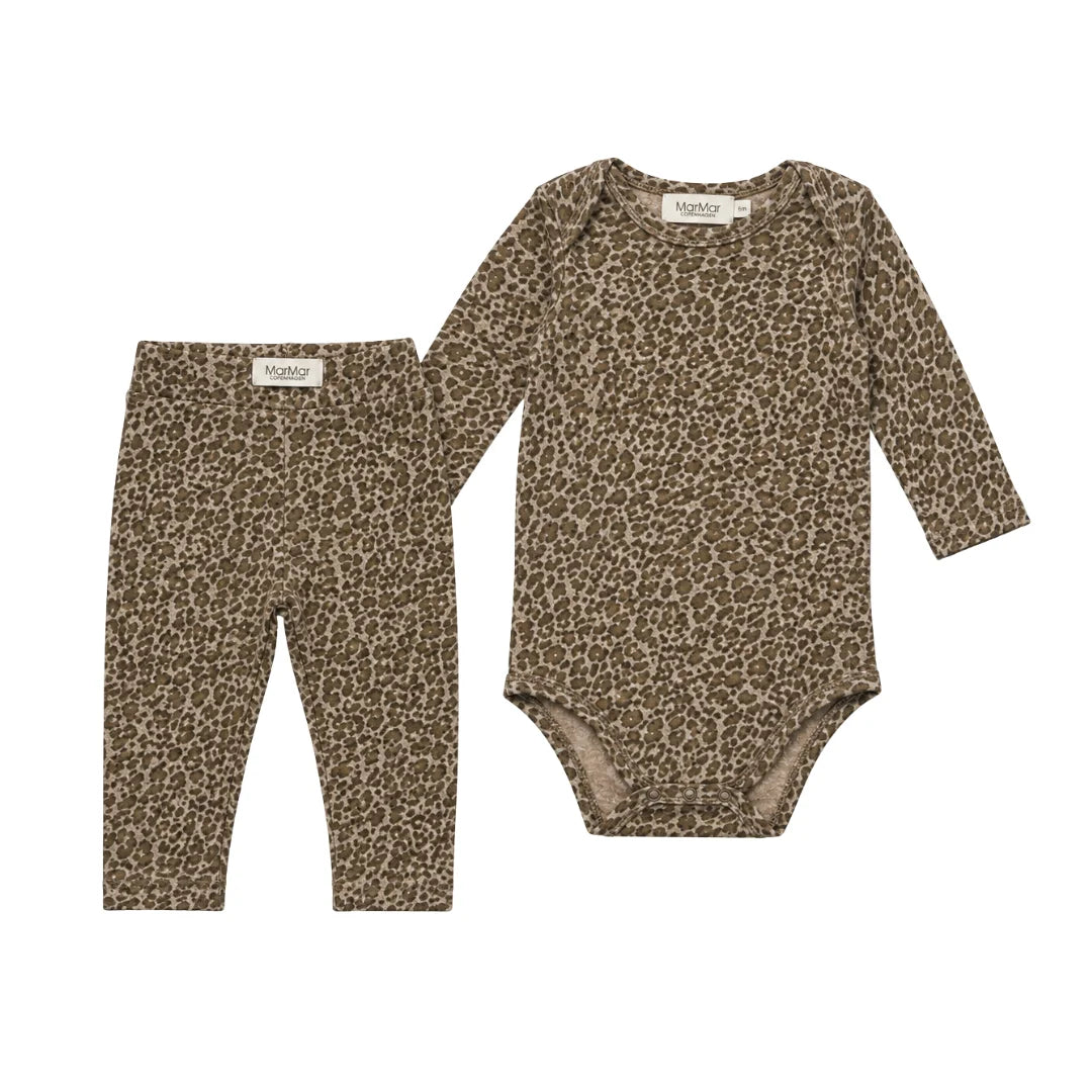 A front view of the MarMar Copenhagen dark brown leo animal print body and legging set.