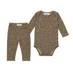 A front view of the MarMar Copenhagen dark brown leo animal print body and legging set.