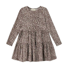 A front view of the MarMar Copenhagen dark brown leo animal print dolly dress.