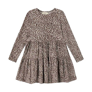 A front view of the MarMar Copenhagen dark brown leo animal print dolly dress.