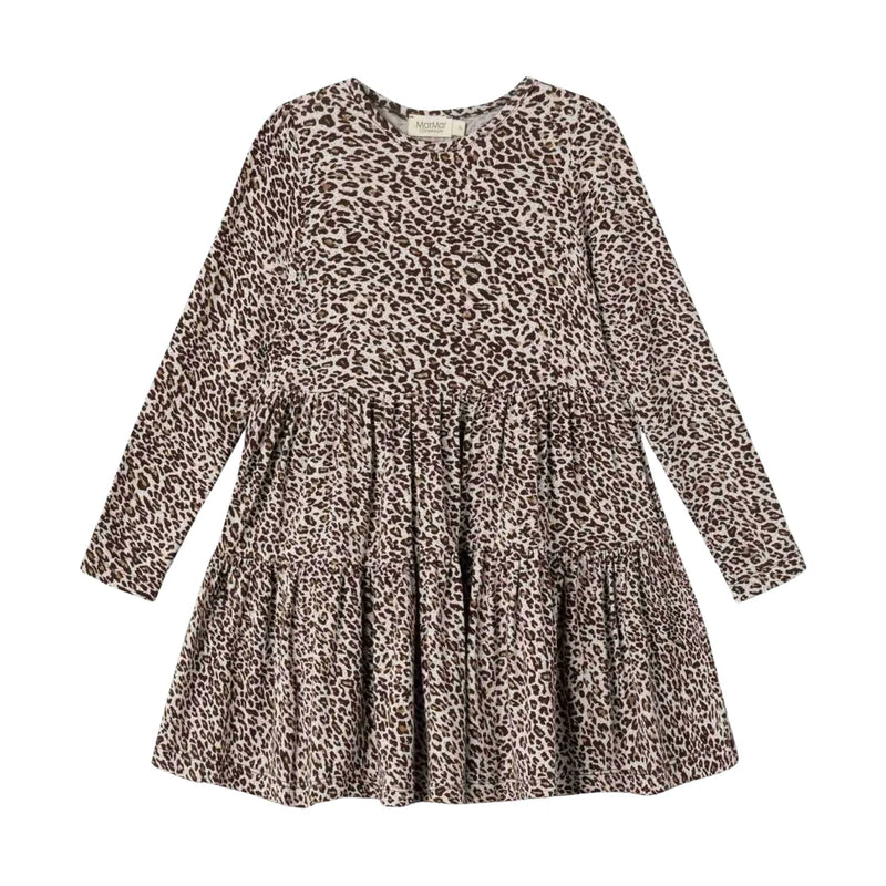 A front view of the MarMar Copenhagen dark brown leo animal print dolly dress.