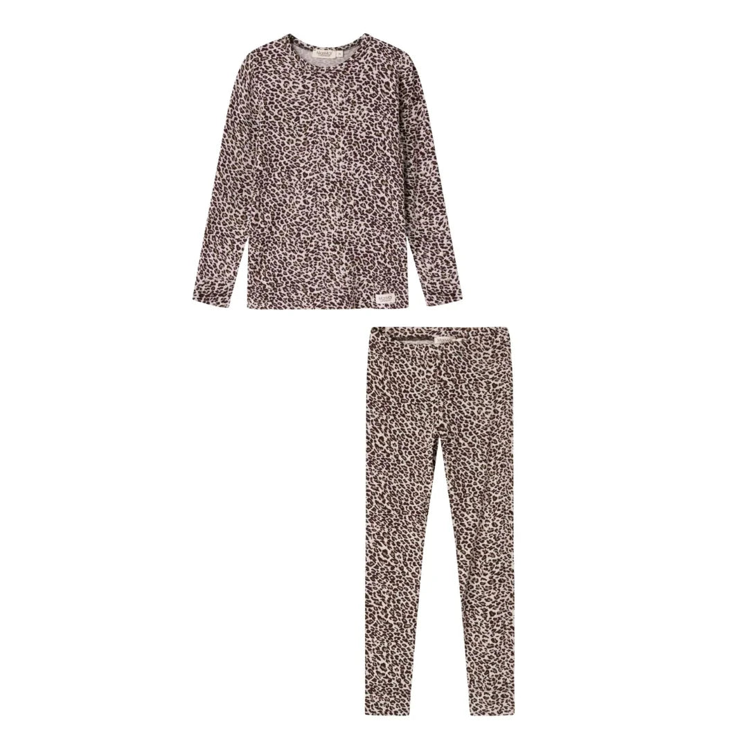 A front view of the MarMar Copenhagen dark brown leo animal print tee and legging set.