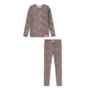 A front view of the MarMar Copenhagen dark brown leo animal print tee and legging set.