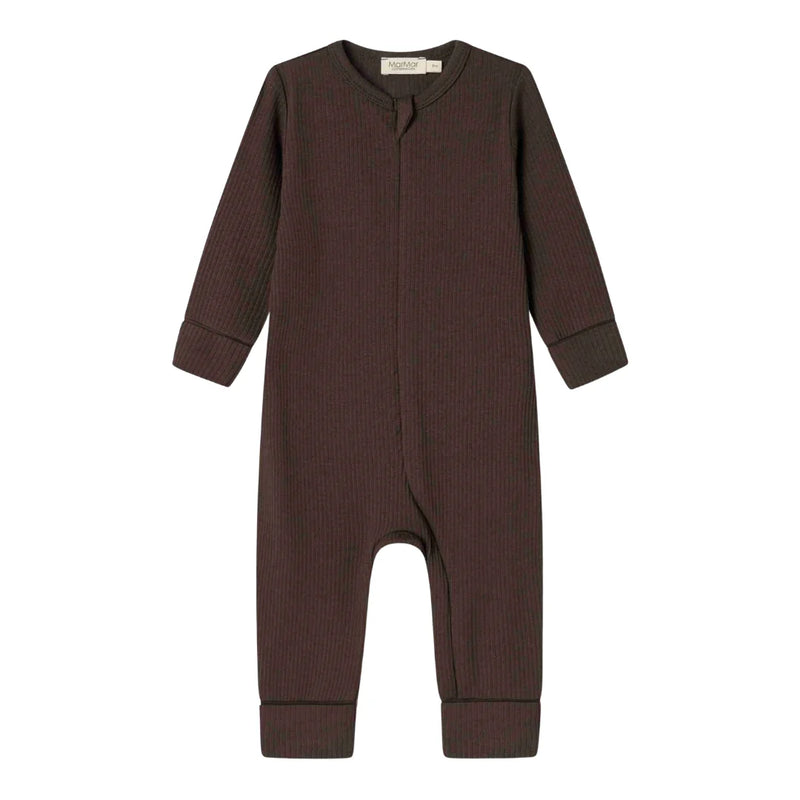 A front view of the MarMar Copenhagen rose ranaculus floral baby rompy romper.