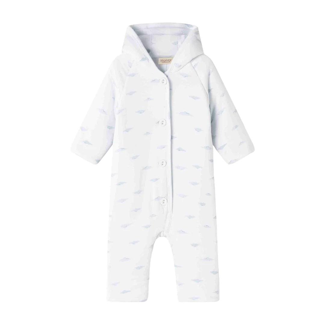 A front view of the MarMar Copenhagen cumu neutral organic cotton baby jumpsuit.