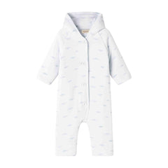 A front view of the MarMar Copenhagen cumu neutral organic cotton baby jumpsuit.