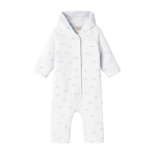 A front view of the MarMar Copenhagen cumu neutral organic cotton baby jumpsuit.