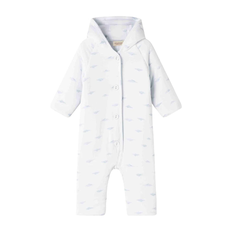 A front view of the MarMar Copenhagen cumu neutral organic cotton baby jumpsuit.