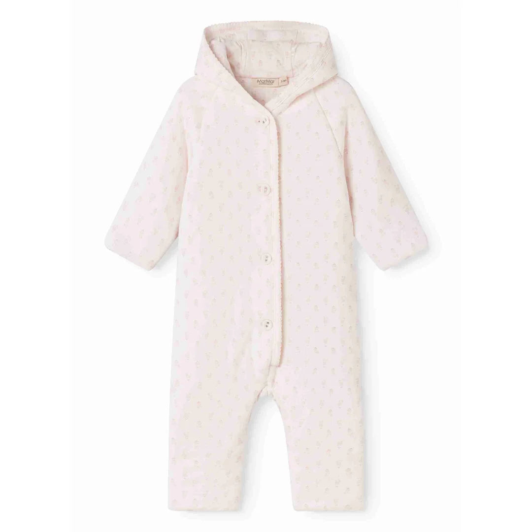 A front view of the MarMar Copenhagen mini bloom floral organic cotton baby jumpsuit.