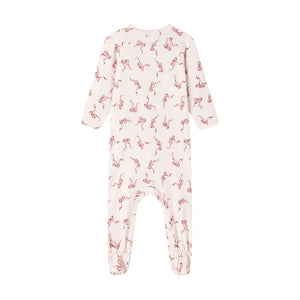 A back view of the organic cotton pink footed romper with bow pattern.