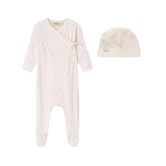 A front view of the MarMar Copenhagen mini bloom floral rubetta footie and matching baby hat.