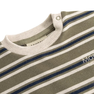 Close-up of a striped knit sweater with an olive green base, cream and navy blue horizontal stripes, a ribbed cream crew neck, and a visible 'Moncler' brand label inside the collar.