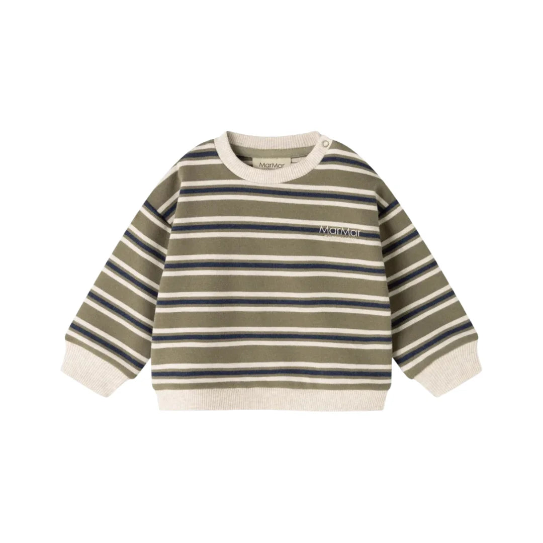 A children's long-sleeve knit sweater with horizontal stripes in olive green, cream, and navy blue, featuring a small embroidered 'MimiMimi' logo on the left chest, shown on a plain white background.