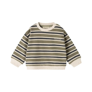 A children's long-sleeve knit sweater with horizontal stripes in olive green, cream, and navy blue, featuring a small embroidered 'MimiMimi' logo on the left chest, shown on a plain white background.
