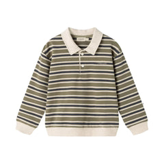 A children's long-sleeve polo shirt with horizontal stripes in olive green, navy blue, and cream, featuring a solid cream collar, cuffs, and hem, and a small embroidered logo on the left chest.