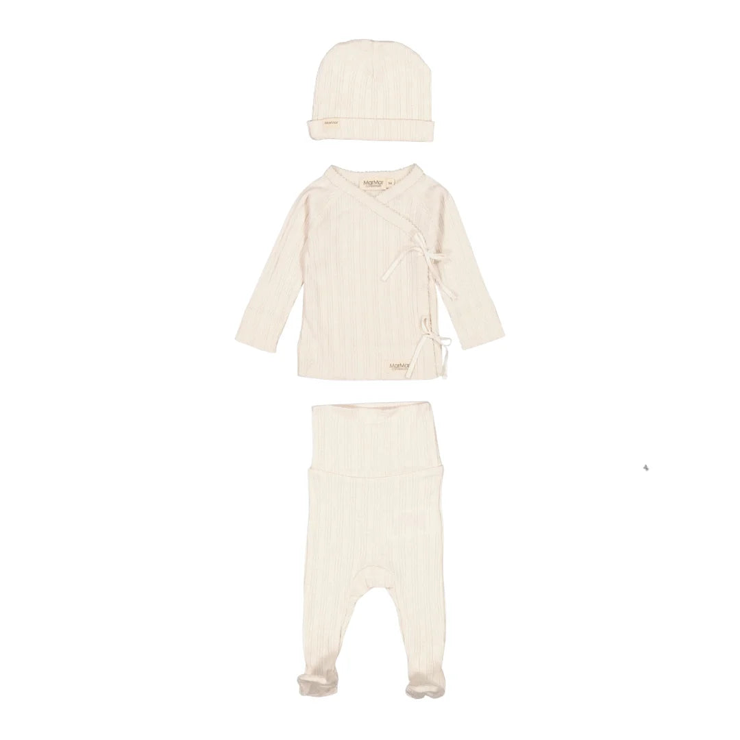 A three-piece baby clothing set in a warm cream/off-white color with subtle vertical stripes, including a long-sleeve wrap top, matching footed pants, and a knit bonnet, displayed on a solid white background.