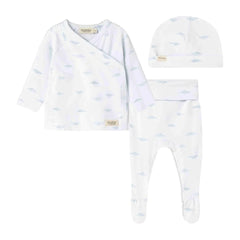 A front view of the MarMar Copenhagen cumu neutral wrap set and matching baby hat.