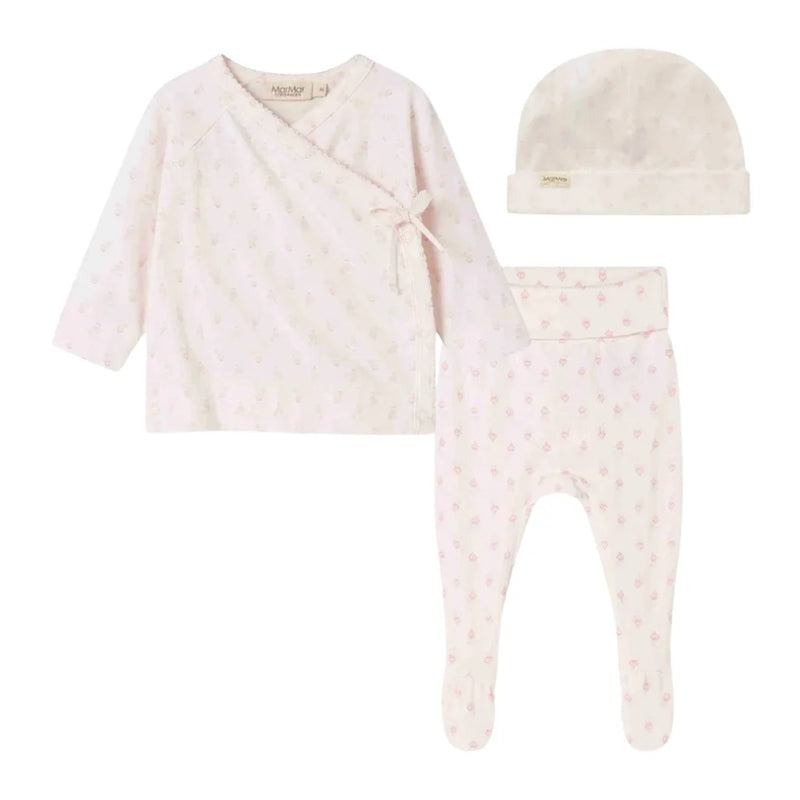 A front view of the MarMar Copenhagen mini bloom floral wrap set and matching baby hat.