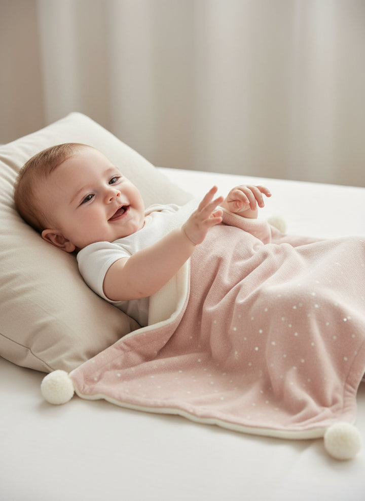 Latte Baby Knit Blanket with Poms – Ivory & Mauve