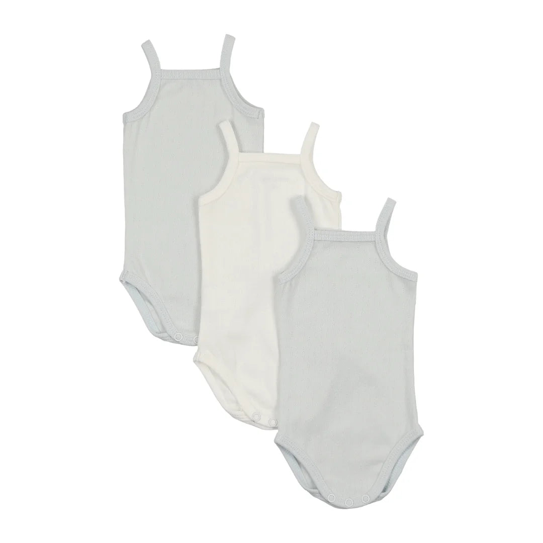 A flat-lay view of the Mema Knits blue shades pointelle undershirt.