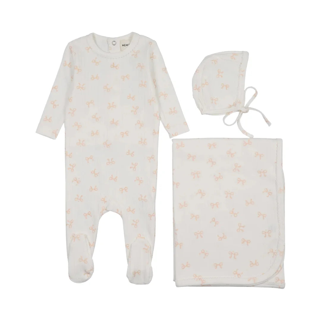 A front view of the Mema Knits bow print pointelle footie three-piece set in winter white with rose smoke bows.