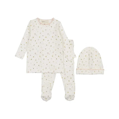 A front view of the Mema Knits winter white bow print two-piece set and bonnet.