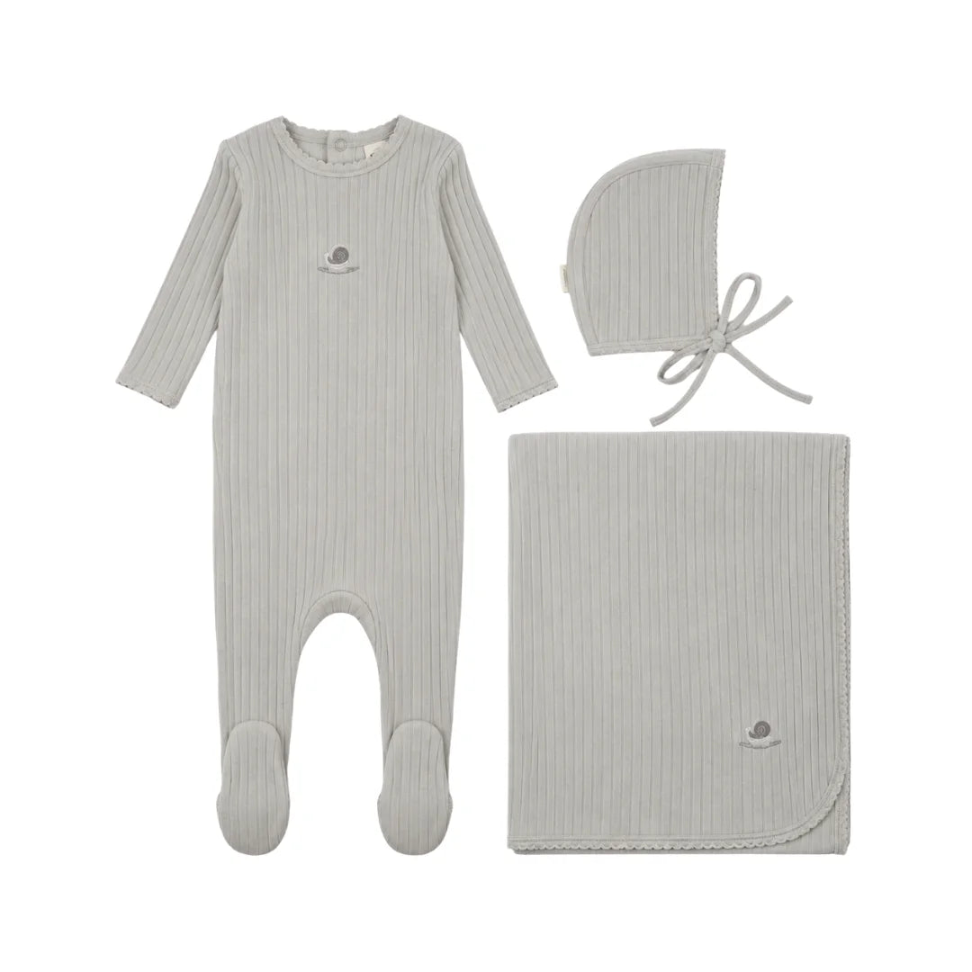 A front view of the Mema Knits embroidered textured footie three-piece set in gray dawn with blue embroidery.