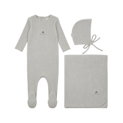 A front view of the Mema Knits embroidered textured footie three-piece set in gray dawn with blue embroidery.