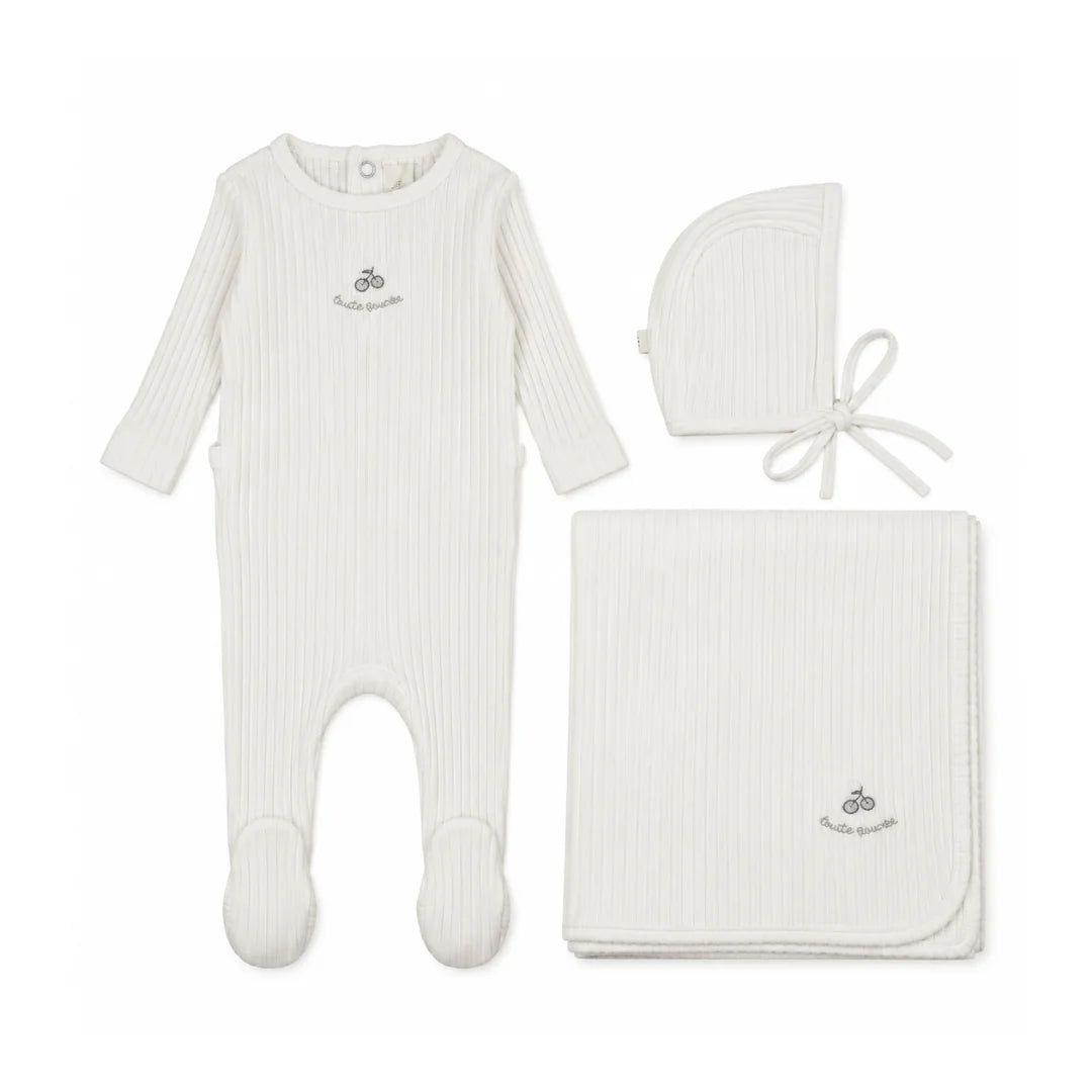 A front view of the Mema Knits embroidered textured footie three-piece set in winter white with mink embroidery.