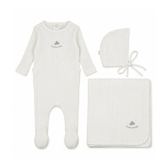 A front view of the Mema Knits embroidered textured footie three-piece set in winter white with mink embroidery.